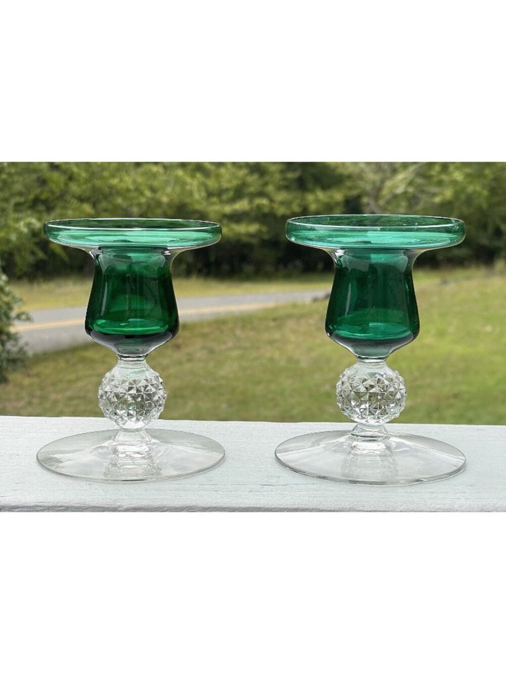 Pair of 30s Morgantown Glass Jacobi Stiegle Green Candle Stick Holders Golf Ball